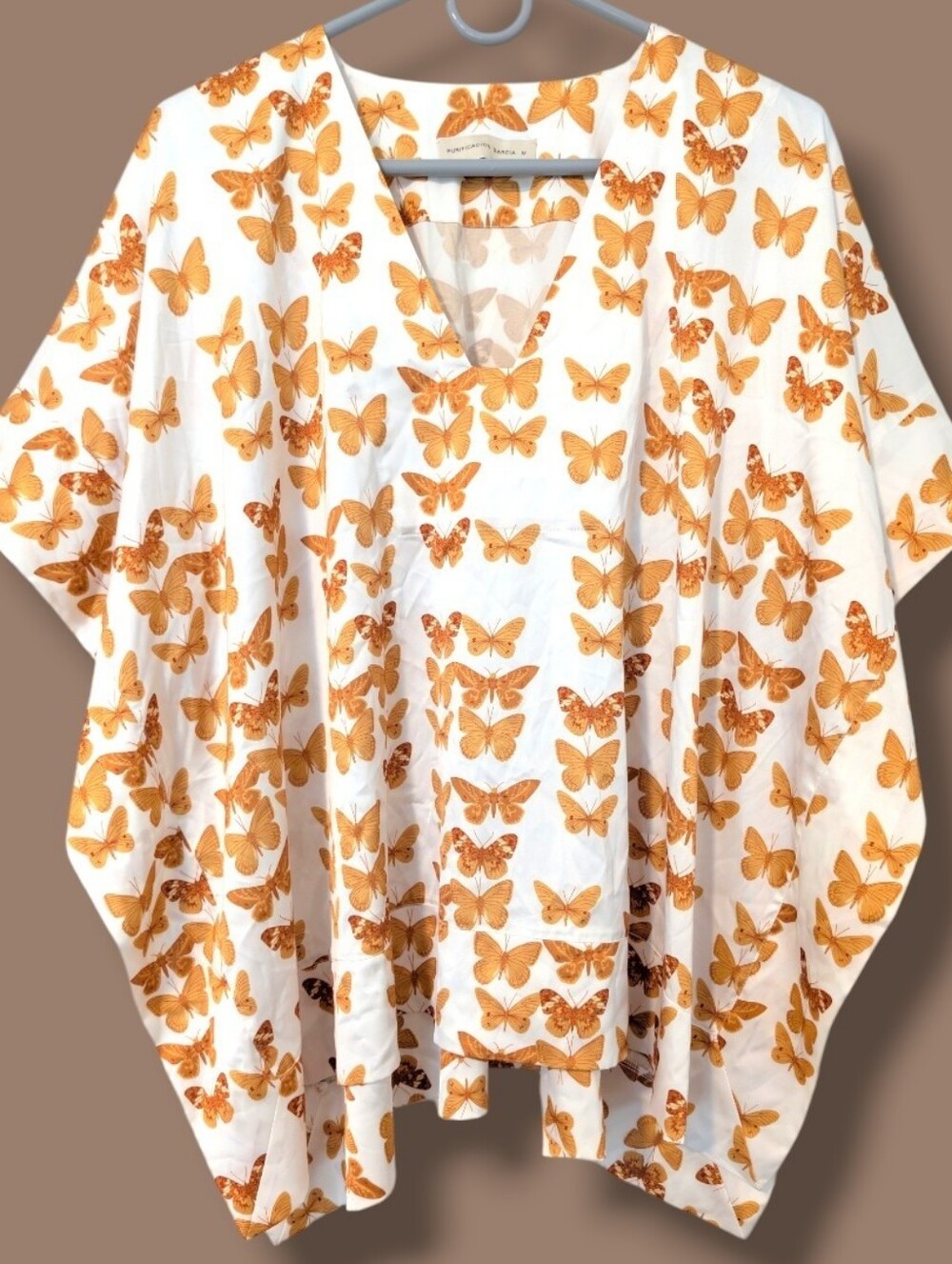 Purificacion Garcia White Orange Butterfly Satin V-Neck Flowy Kaftan Tunic Top